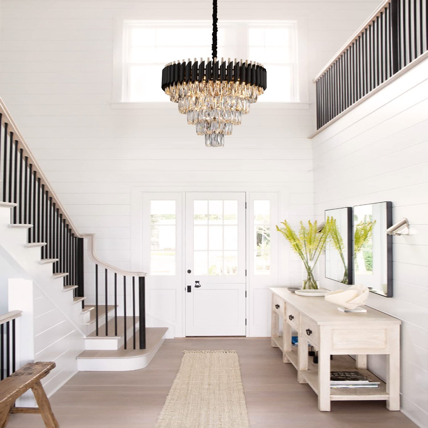 AXILIXI Crystal Chandelier Contemporary, 24" Modern Living Room Chandeliers, K9 Crystal Ceiling Lights Fixtures, Round 5 Tiers Pendant Lighting Chandelier Black for Entryway Dining Room Staircase