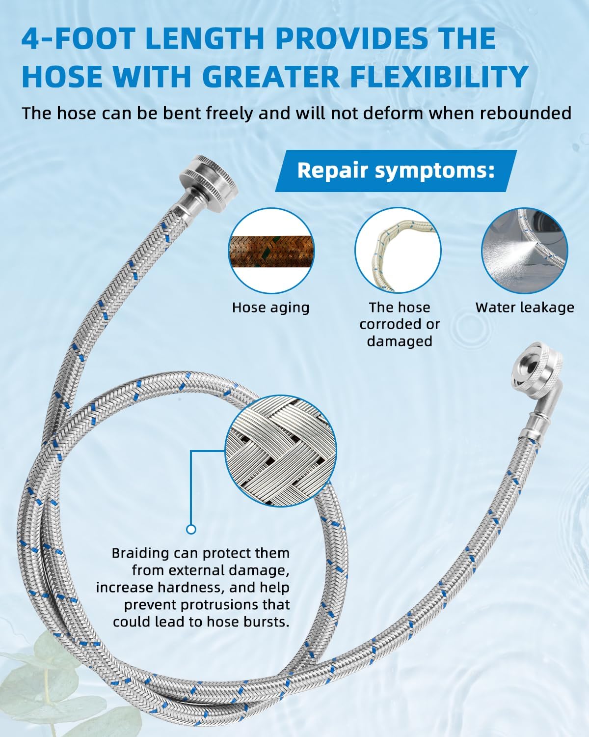 4ft Premium Burst-Proof Stainless Steel Washing Machine Hoses, 90 Degree Elbow Water Connection Inlet Supply Lines