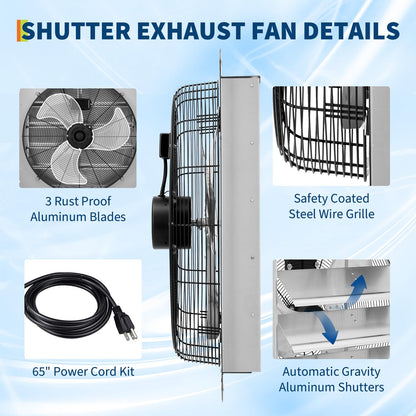 ExploreHorizon 20" Shutter Exhaust Fan with 5 ft Power Cord, 3500 CFM 1500 RPM Quiet High-Speed Airflow with Automatic Shutter Wall Mount fan for Garage, Attic, Greenhouse, Shed Ventilation