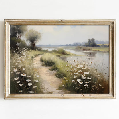 Wildflower Field Landscape Picture, Vintage Canvas River Painting, Country Scene Artwork, 16x24inch No Frame