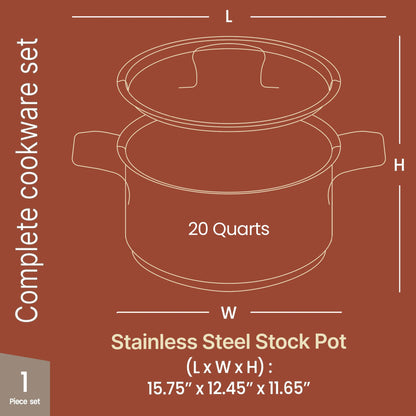 Stainless Steel Stockpot with Lid 20 Quart, Durable 18/8 Stainless Steel, Impact-Bonded Base for Even Heating, Riveted Handles, Oven & All Stove Compatible, Safe Up To 500°F (260°C)
