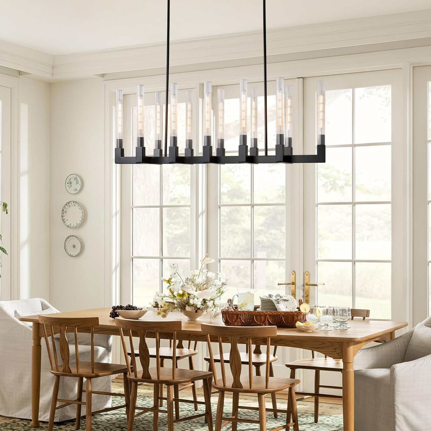 Black Farmhouse Dining Room Chandelier: 54" Modern Linear Rectangle Dining Room Light Fixture - Long Glass Metal Pendant Chandeliers for Kitchen Island - Large Lighting over Kitchen Table Living Rooms