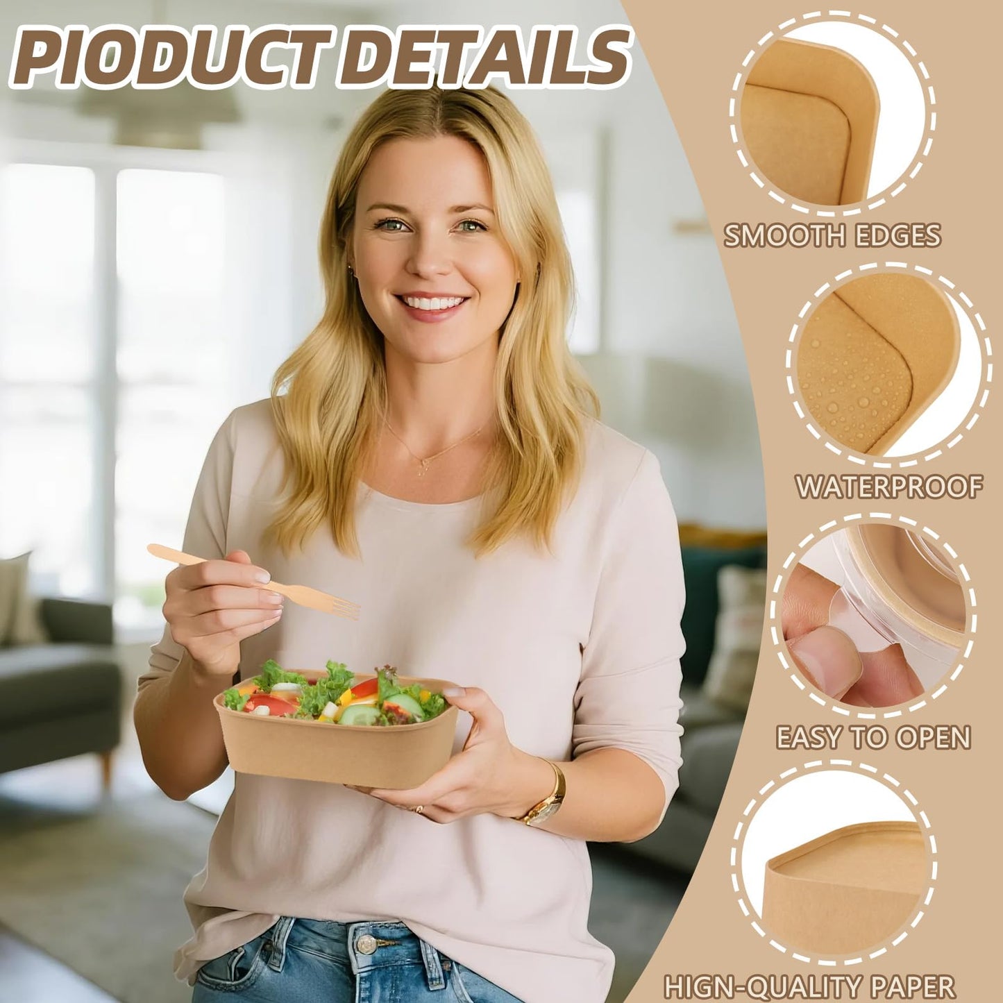 DeziWood 50 Pack 25 oz Paper Food Containers with Lids, Meal Prep Containers Disposable Large Paper Bowls, Microwavable and Freezer Storage Use Cardboard Food Containers