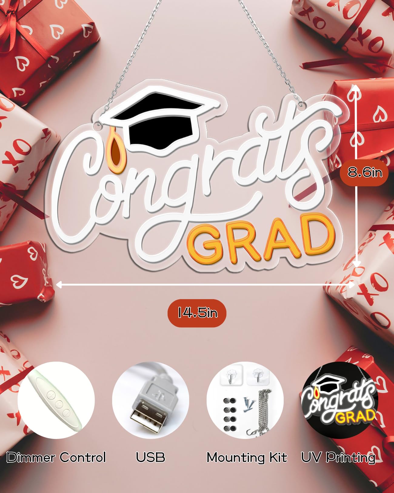 Congrats Grad Neon Sign with Mortarboard - 14.5" x 8.6", Adjustable LED Light Up Sign for Prom Party, Photo background wall, Class of Celebrations, Graduation Gift for Dorm Backdrop Room Decor