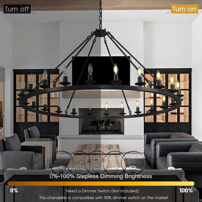 RWOGNLO 54" Black Large Wagon Wheel Chandelier, Farmhouse Round Chandeliers for Dining Room, 24-Light Modern Living Room Chandeliers Ceiling Fixtures for Bedroom, Foyer, Entryway, Staircase, Kitchen