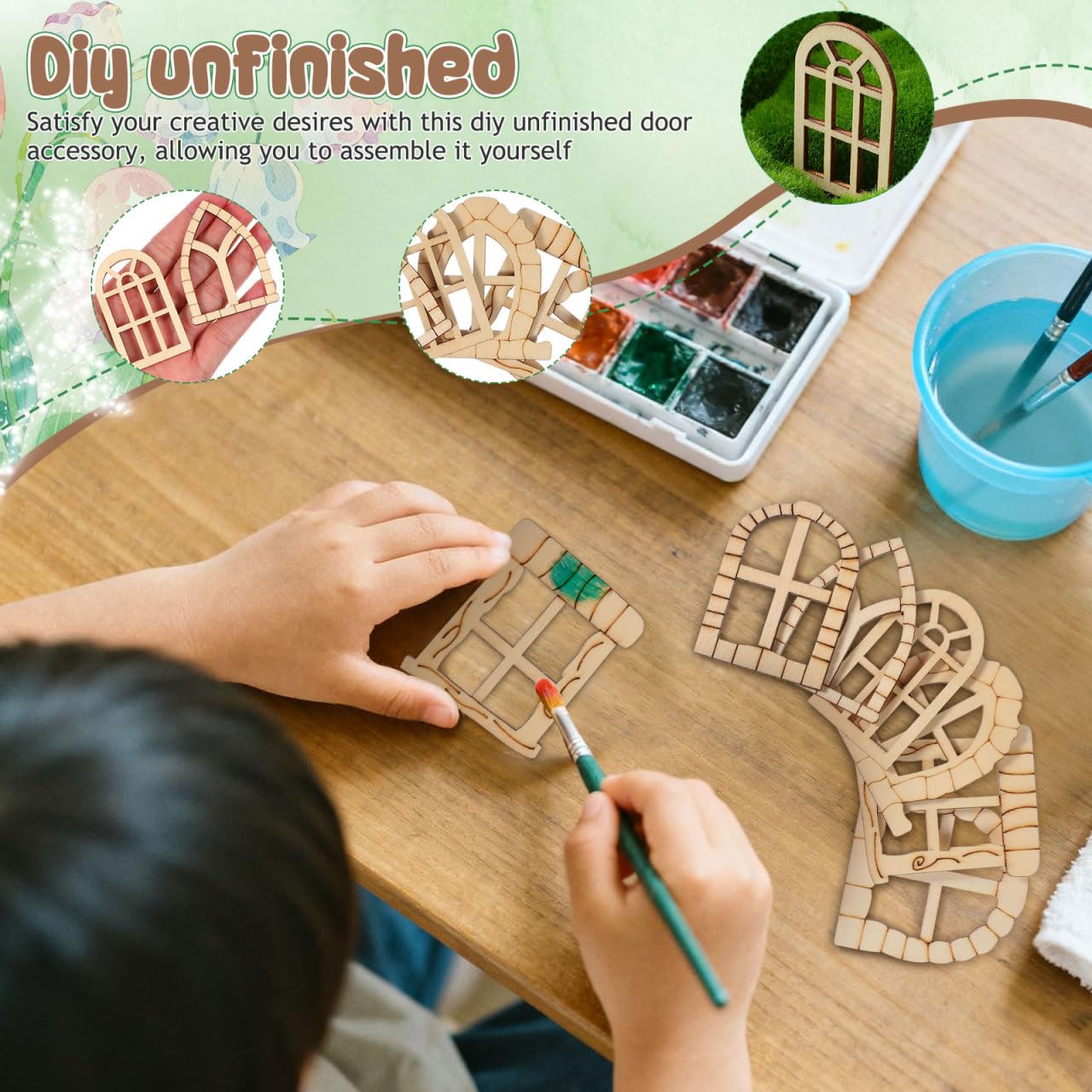 25 Pcs Unfinished Wood Fairy Door and Window Kit, Unpainted Miniature Oak Wooden Garden Doors Blank Windows for Crafts, DIY Fairy House Accessories for Wall Tree Dollhouse Decoration