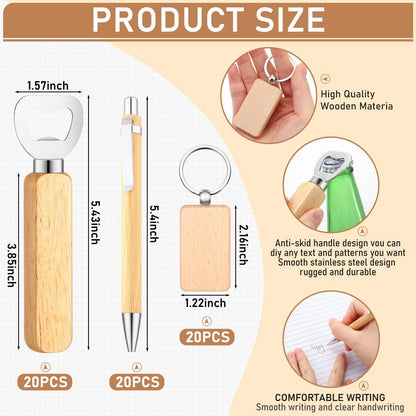 SiliFine 60 Pcs Laser Blanks Product Laser Engraving Material Kit Including DIY Wooden Blank Bottle Opener, Wooden Keychain, and Bamboo Pen for Kitchen Wedding Party Bar Home Craft