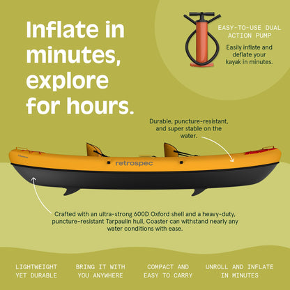 Retrospec Coaster Single & Tandem Inflatable Kayak for Adults - Blow Up Kayak, 220 & 440lb Capacity, Portable Lightweight Kayak with Paddle, Pump & Carry Bag