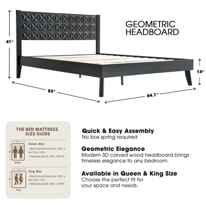 Queen Size Platform Bed Frame with Headboard & Footboard, Center Metal Legs, 12 Solid Wood Slatted Base, Easy Assembly, No Box Spring Needed, Noise-Free & Anti-Slip, Ebony Oak Finish UPQ-35