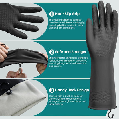 Petacffe 4 Pairs Rubber Dishwashing Gloves with Hanging Hooks - Reusable Cleaning Gloves for Kitchen & Household, Non-Slip, Durable and Flexible (Medium, 4 Colors: Black, Pink, Blue, Purple)