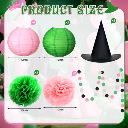Rossesay Witch Theme Birthday Decor 10 Inch DIY Pink and Green Paper Lanterns Witch Hats Party Supplies Hanging Pom Poms Hats Princess Theme Garland for Enchanted Birthday Cosplay Fantasy Celebrations