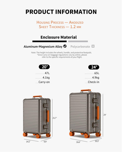 Varyleap All Aluminum Checked in Luggage, Zipperless Aluminum Suitcase, Hard Shell Carry On Luggage with TSA Lock, Spare Wheels for Travel. (Titanium Gold, 24in)