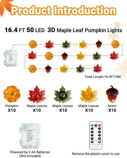 16.4FT 50 3D btfarm Fall Decor LED Pumpkin Maple Leaf Acorn Fairy String Lights Battery Operated with Remote Timer