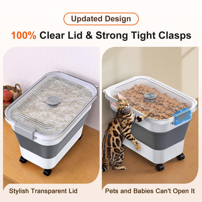 Rice Storage Container, Collapsible Airtight Food Storage Containers 20-30lbs with Clear Lid and Wheels, Rice Dispenser with Scoop for Flour Cereal Pasta Grain, Cat Pet Bird Dog Food Storage Container