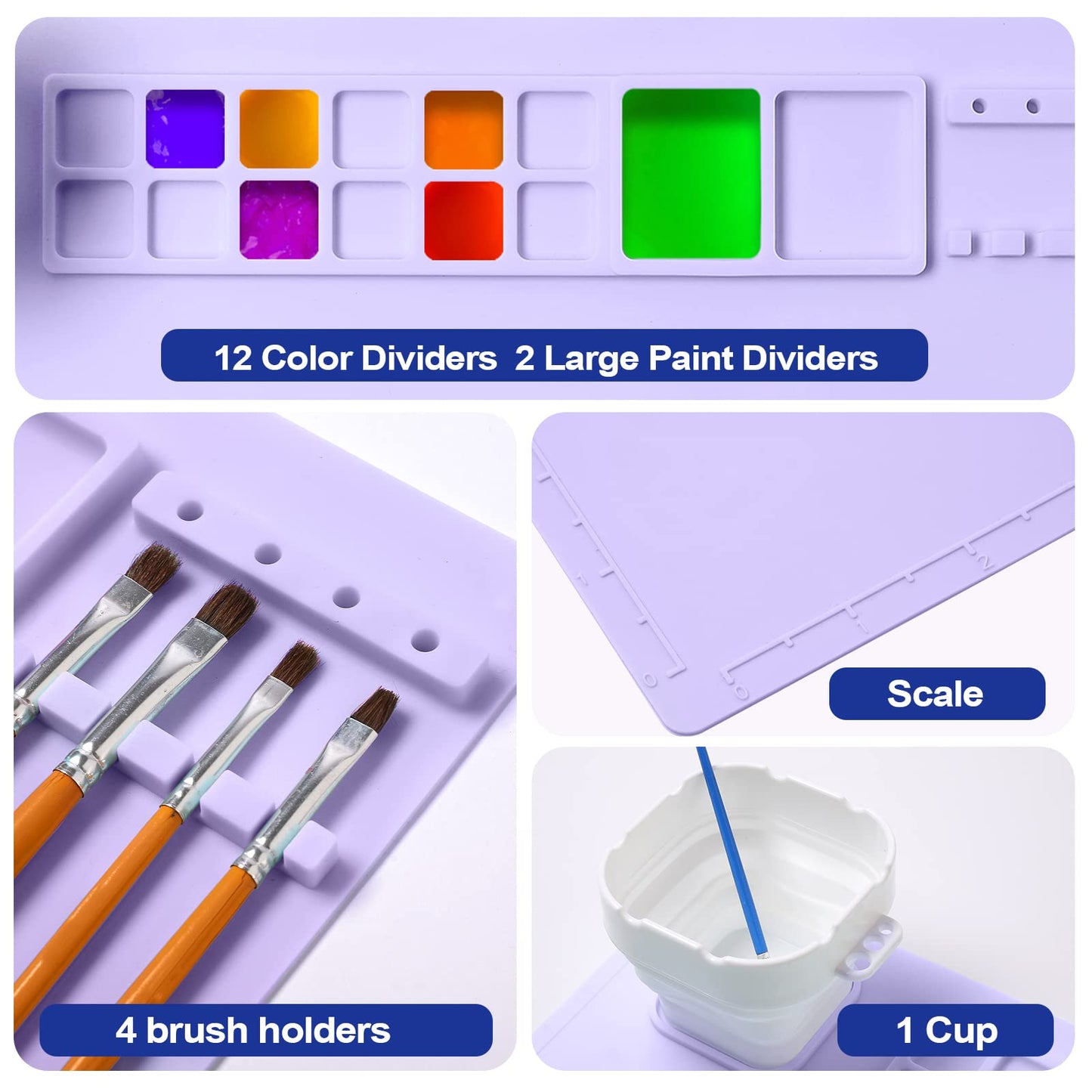 AWOKE Silicone Painting Mat - 20"X16" Silicone Art Mat with 1 Water Cup for Kids - Craft Mat has12 Color Dividers - 2 Paint Dividers (Purple)