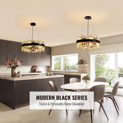 Siljoy Black Crystal Chandelier for Dining Room, Modern 2-Tiers K9 Crystal Raindrop Chandelier 12 Lights Farmhouse Pendant Ceiling Light for Living Room Kitchen Island Entry Foyer D19.7''
