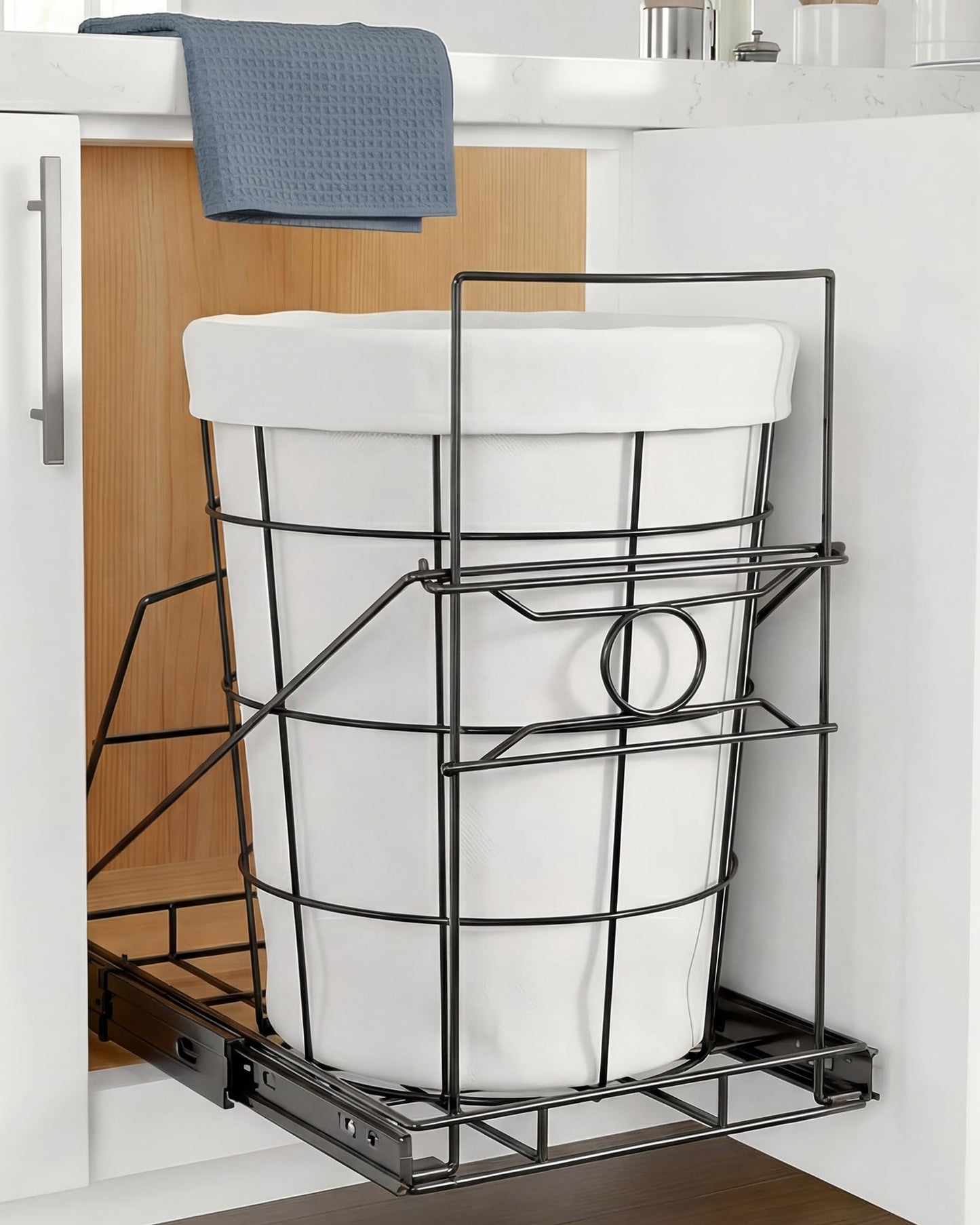 pbugac Pull Out Trash Can Holder, Adjustable Heavy Duty Cabinet Slide Out Kit for 7-11 Gallon Trash Cans, Under Sink Trash Can Rack with Smooth Ball Bearing Slides, Black, Trash Can Not Included