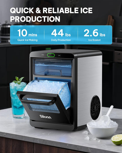 Silonn Nugget Ice Maker Countertop - 44lbs/24h Crushed/Pebble Ice Machine, Front Pull-Out Water Tank & Removable Basket, Stainless Steel Finish for Home Kitchen
