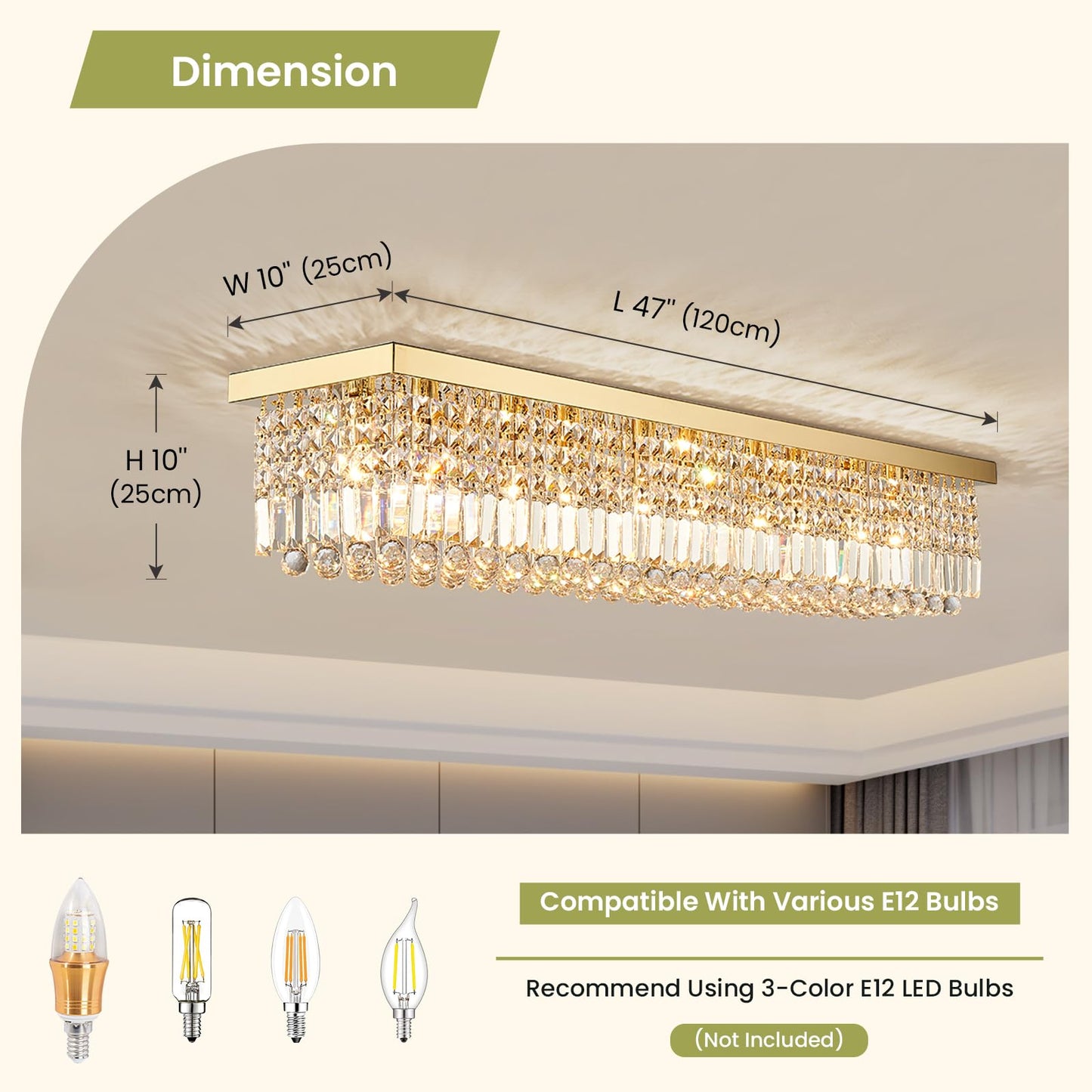 Siljoy 10-Light Modern Crystal Chandelier, Luxury Gold Rectangular Flush Mount Ceiling Light, Large Rectangle Raindrop Chandelier for Living Dining Room Kitchen Island Bar L47'' x W10'' x H10''