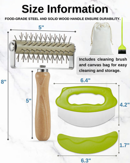 MUMSUNG Pizza Dough Docker Roller with Stainless Steel Spikes and Pizza Cutter with Protective Cover, Includes Cleaning Brush and Canvas Bag, Perfect for Homemade Pizza, Pie, and Pastry