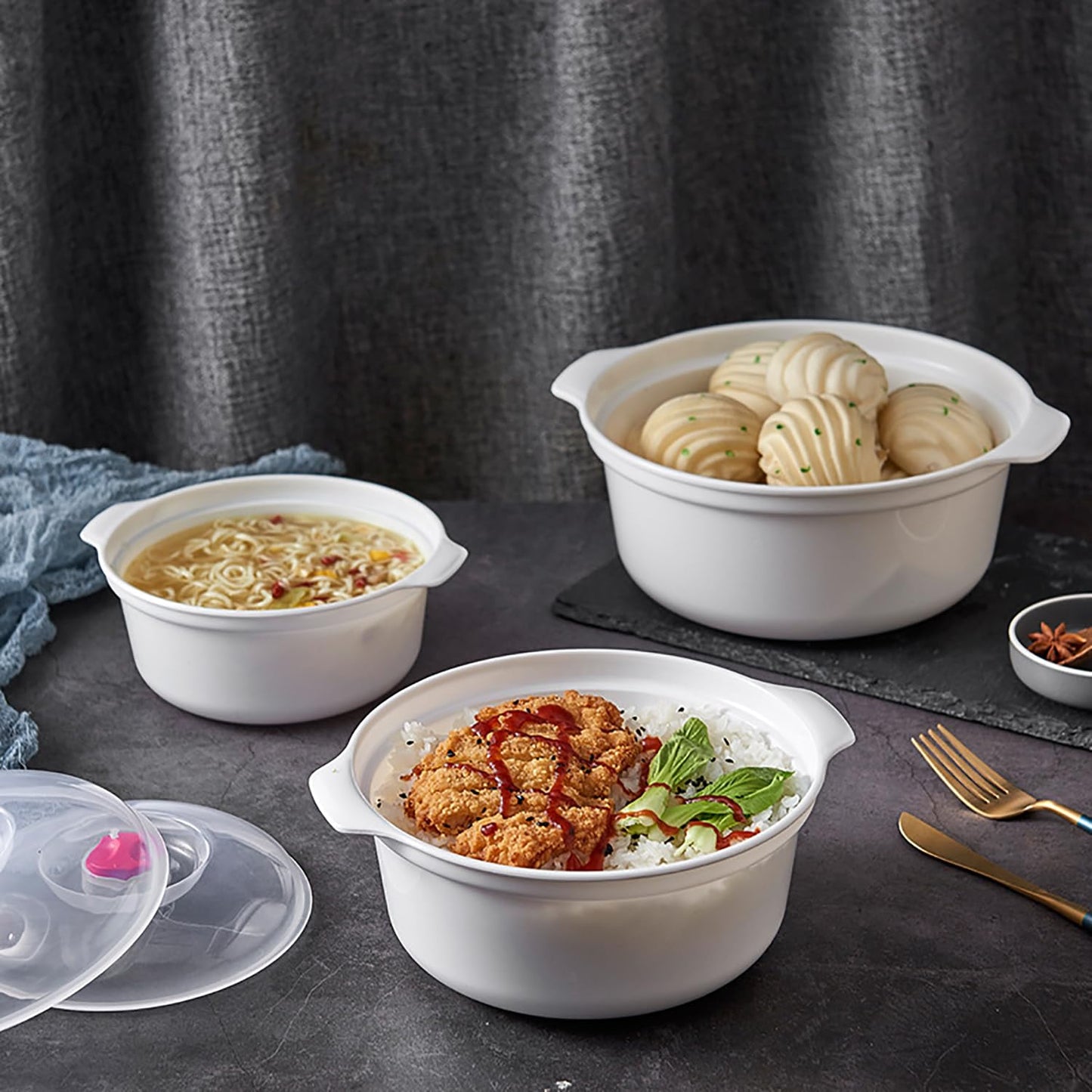 POYIPI 2 PCS Microwave Bowls with Lids Ramen Cooker Soup Bowls with Handls Microwavable Bowl Dishes Noodle Cooker Microwave Cookware for Office, College Dorm