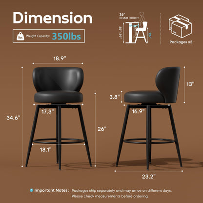 Sucrever Bar Stools Set of 4, 26" Counter Height Swivel Bar Stools, Upholstered Leather Barstools with Back Footrest Metal Legs, Stools for Kitchen Island, Home Bar, Dining Room Black