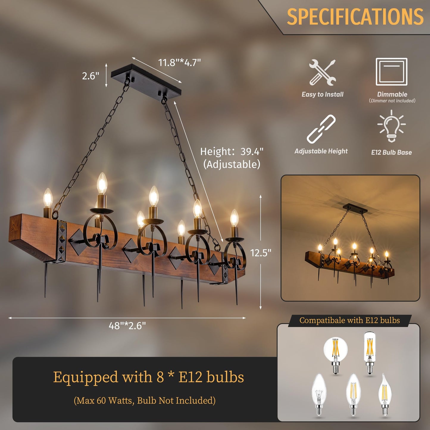 TOCHIC 48 Inch Black Farmhouse Chandelier, 8-Light Rustic Wood Chandeliers for Dining Room, Western Kitchen Pendant Lighting Over Island, Large Ceiling Light Fixture for Living Room, Bedroom, Bar