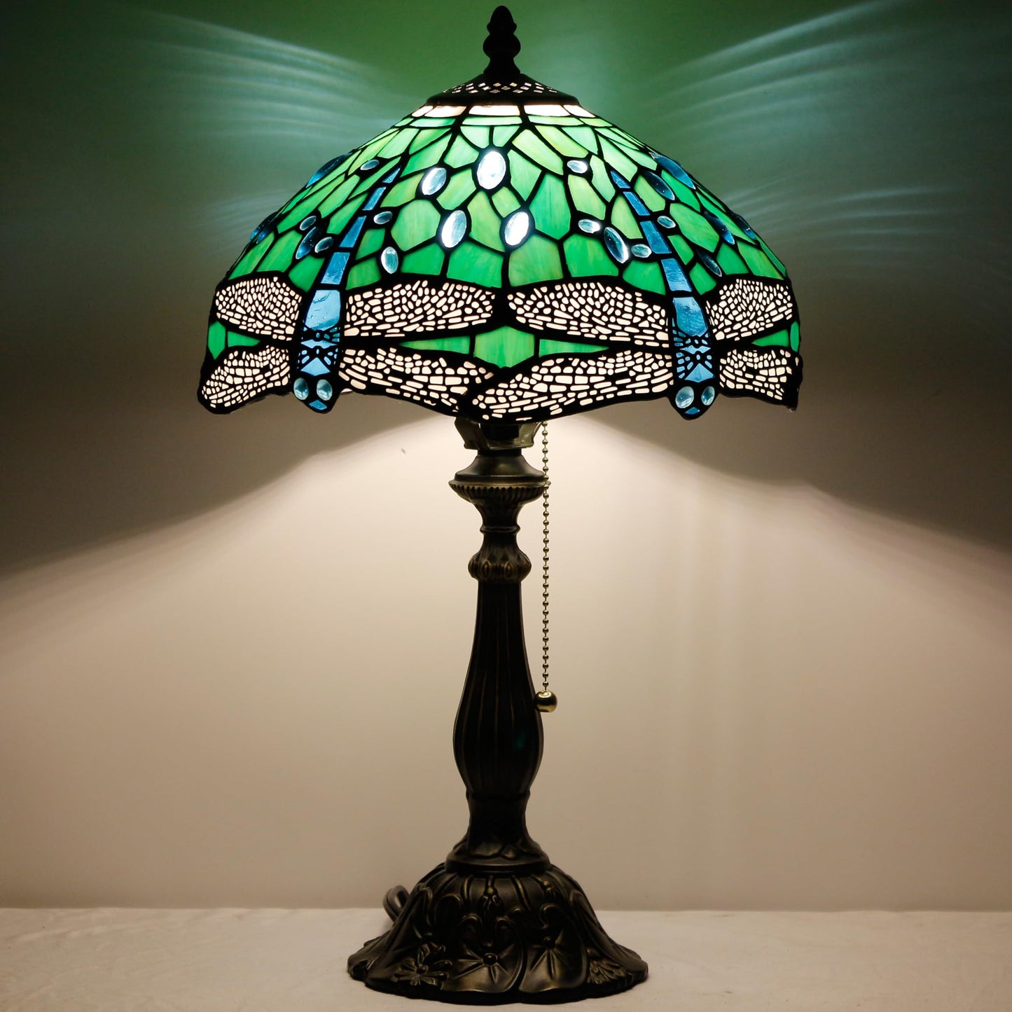 ZJART Tiffany Table Lamp Stained Glass Lamp 12X12X19 Inch Antique Reading Light (Green Dragonfly)