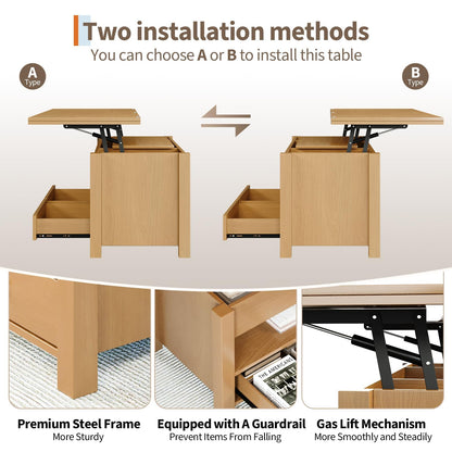 Garvee 40" Coffee Table Lift Top, Multi-Function Convertible Coffee Table with Drawers and Hidden Compartment, Converts to Dining Table for Living Room, Raw Wood
