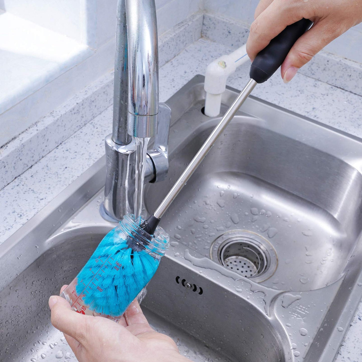 MOSOLAN Stainless Steel Water Bottle Brush, Long Handle Scrubbing Brush, Built for Cleaning Sports Bottles, Baby Bottles, Cups, Coffee Mugs, Glasswares, Wine Decanters, Flask, 2 Pack, 15 in