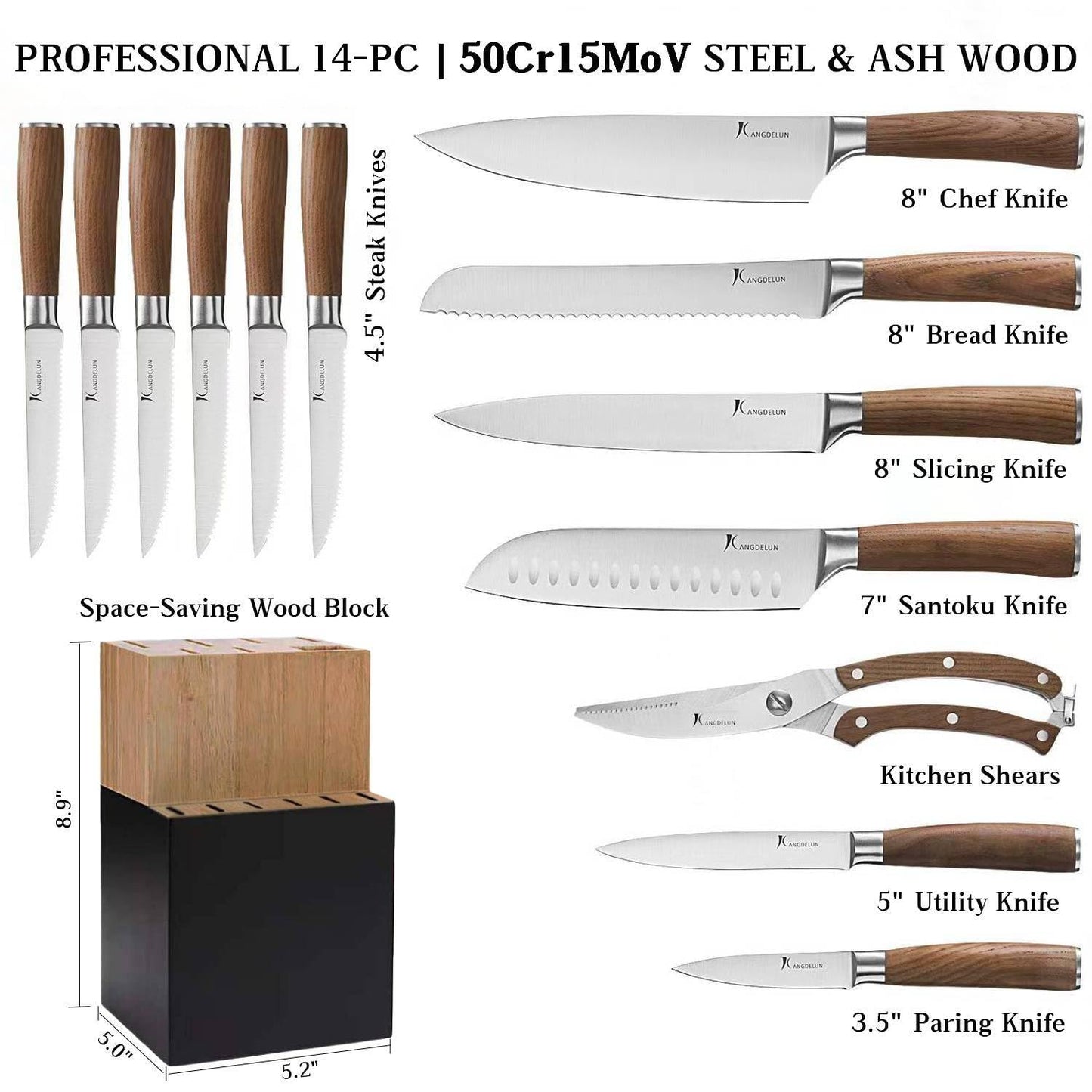 Kangdelun Ultra Sharp 14-Piece Kitchen Knife Set, High Carbon Stainless Steel Blades, Torrefied Brown Wood Handles, Ergonomic Design, Space-Saving Black-Finished Wood Block, Easy Hand Wash, Gift Box