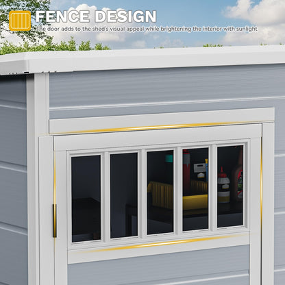 DWVO 5x3FT Outdoor Storage Shed with Fence-Style and Side Windows, Floor & Lockable Doors, Plastic Storage Shed for Backyard and Garden, Gray