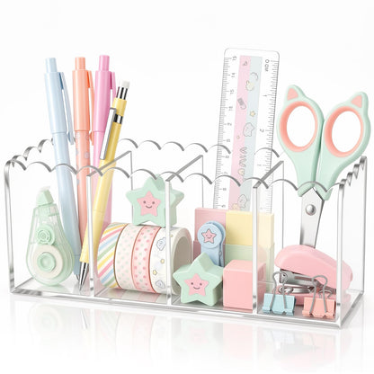 Tosstuki Scalloped Acrylic Pencil Holder for Desk, Clear Pen Organizer with 4 Compartments, Marker Makeup Brush Holder Remote Caddy for Home, Office, Bathroom, Classroom, Table