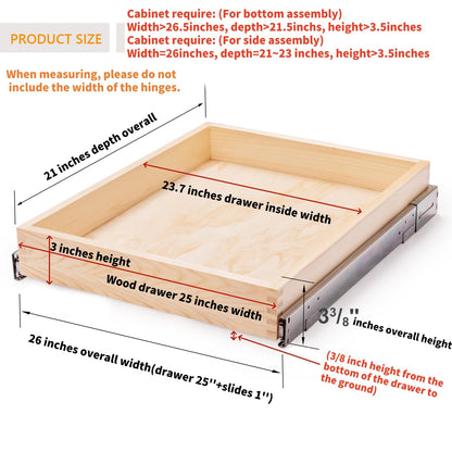 Mulush 26''W x 21''D x 3''H Pull Out Cabinet Drawer Soft Close Slide Out Wood Organizer for Kitchen, Finished, Bottom and Side Assembly (Wood Drawer Part Width is 25inch)