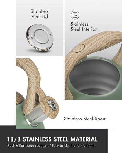 2.7 (JX2020-SB30) Poliviar Tea Kettle, Quart Seaweed Green Finish with Wood Pattern Handle Loud Whistle Food Grade