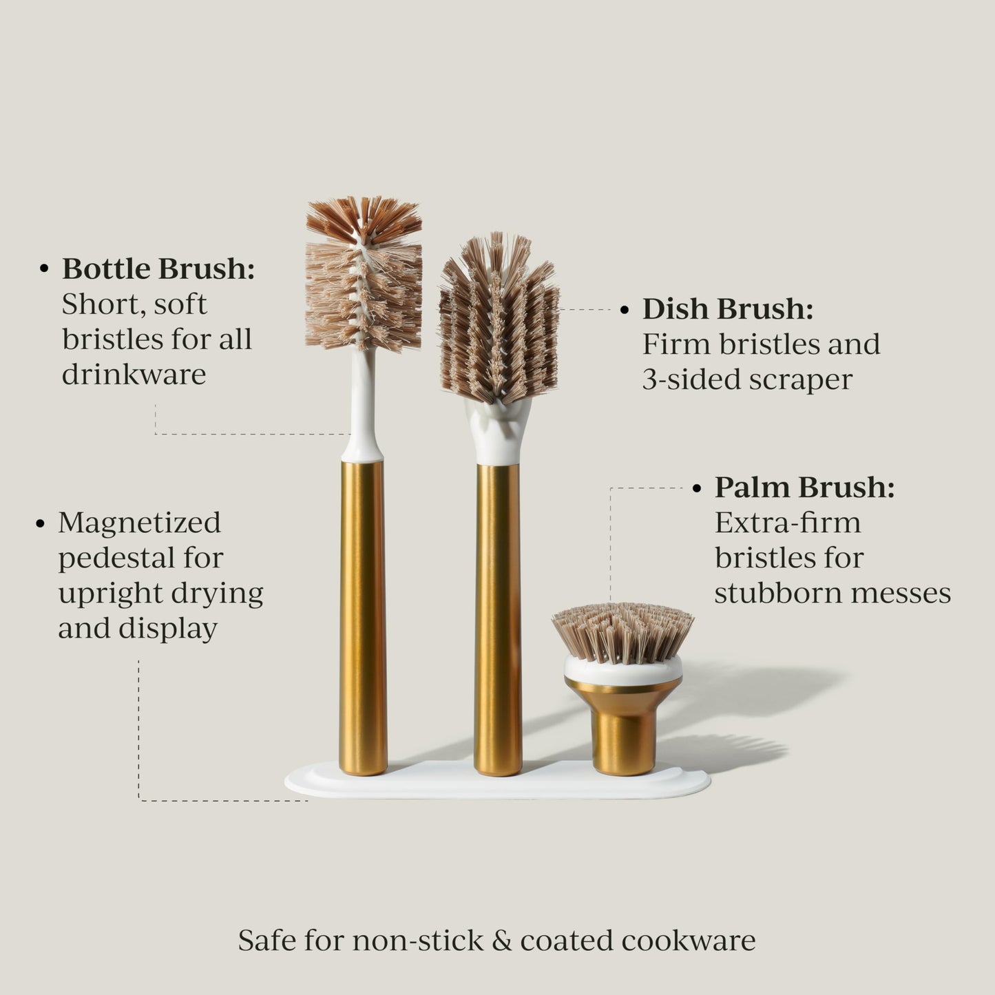 Curio Home Goods Ionic Brush Set, Magnetized to Stand Upright, Stainless Steel with Replaceable Heads, Brass/Gold
