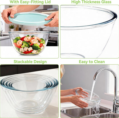 YUANYE 5 Pack Glass Mixing Bowls with Lids Set (5/2.5/1.5/0.9/0.6QT), Thick Glass Large Salad Bowl Set, Nesting Kitchen Bowls for Serving, Prepping, Cooking and Baking, Dishwasher,Oven,Microwave Safe