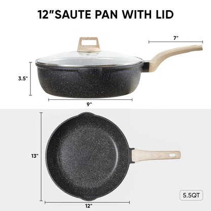 CAROTE 12 Inch Nonstick Deep Frying Pan with Lid, 5.5 Qt Jumbo Cooker Saute Pan with Pour Spout, Skillet Induction Cookware, Non Stick Cooking Pan PFOA Free, Classic Granite