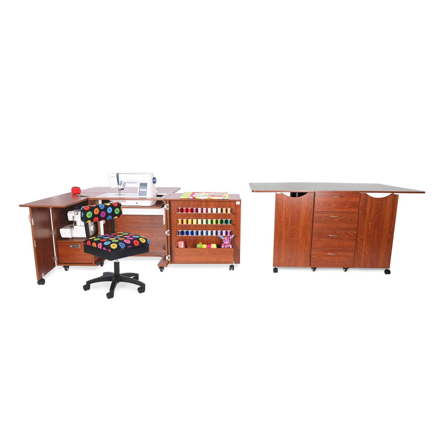 Kangaroo Kookaburra Cutting Table – Large Sewing, Quilting & Craft Workstation with Expandable 70” x 40” Surface, Storage Drawers, Shelves & Rolling Locking Casters, Teak Finish