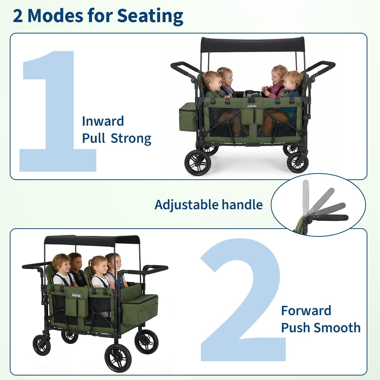 Stroller Wagon for 4 Kids, Premium Quad Stroller Wagon with 4 Convertible Seats, Adjustable Push/Pull Handles, 5-Point Harness Belt, Snack Tray, Removable Canopy & Flat Fold, One-Step Brake, Green