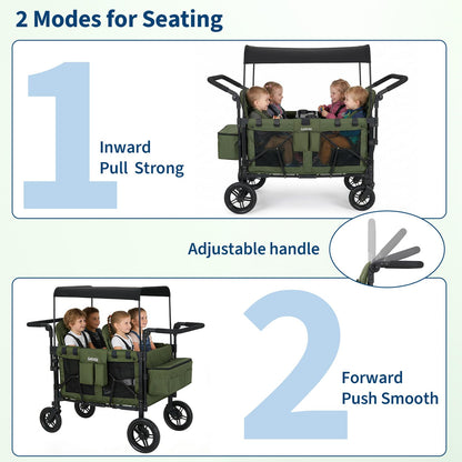 Stroller Wagon for 4 Kids, Premium Quad Stroller Wagon with 4 Convertible Seats, Adjustable Push/Pull Handles, 5-Point Harness Belt, Snack Tray, Removable Canopy & Flat Fold, One-Step Brake, Green