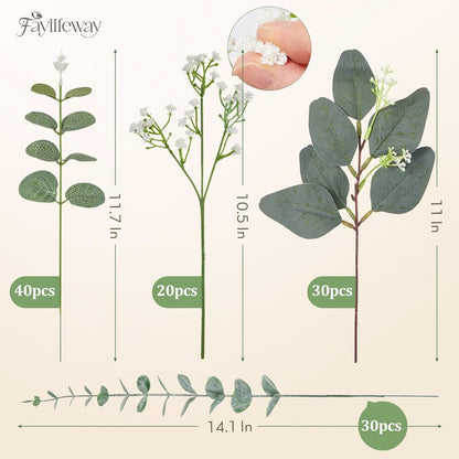 Faylifeway 120 Pcs 4 Kinds Mixed Eucalyptus Greenery Stems, Baby Breath Flowers Artificial Bulk and Greenery Stems for DIY Bouquets Wedding Home Floral Decor