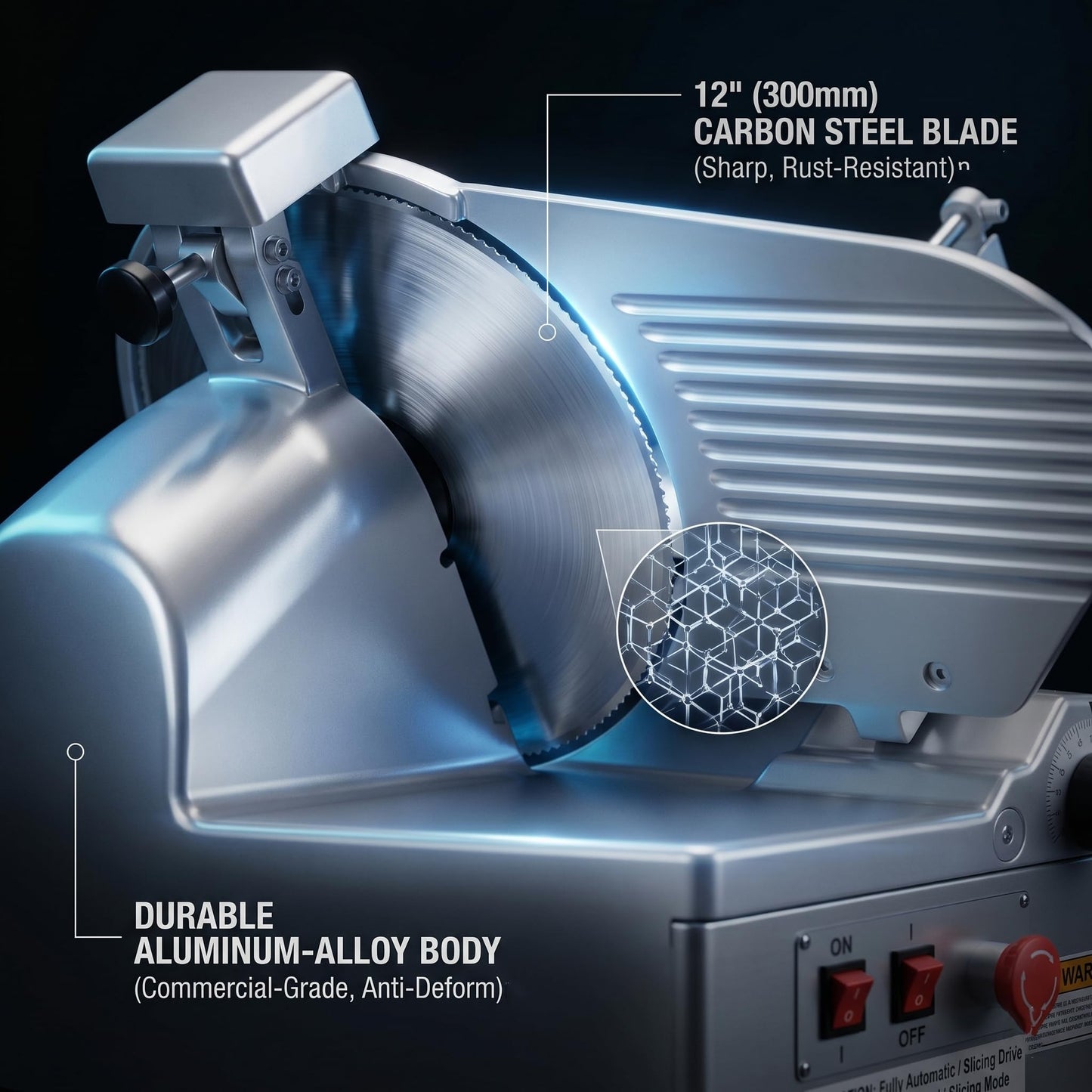 550W Commercial Meat Slicer with 12" Carbon Steel Blade, Auto Dual-Motor, Adjustable Thickness 0-0.5 inch, 633 RPM Fast Slicing, Automatic Meat Slicer for Home, Restaurant, Butcher Shop, Kitchen