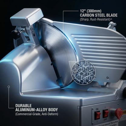 550W Commercial Meat Slicer with 12" Carbon Steel Blade, Auto Dual-Motor, Adjustable Thickness 0-0.5 inch, 633 RPM Fast Slicing, Automatic Meat Slicer for Home, Restaurant, Butcher Shop, Kitchen