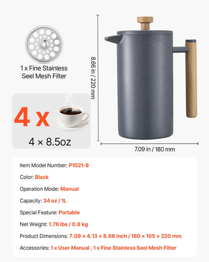 VEVOR French Press Coffee Maker, 34 Ounce 1 Liter Stainless Steel Coffee Press Tea Maker with Filter, Large Double Wall Insulated French Presses Cold Brew for Camping Travel Home Kitchen, Black