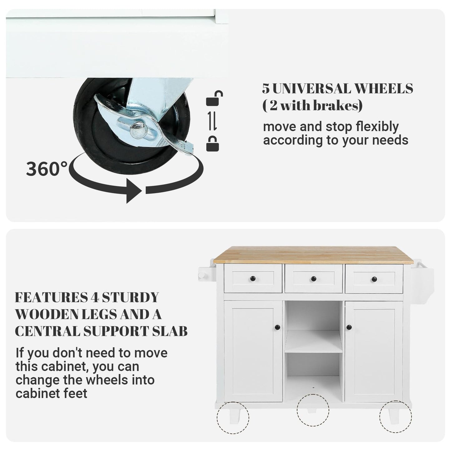 Rovibek Kitchen Island with Drawers 53 in Rolling Island Cart Mobile Solid Wood Portable Islands on Wheels with Storage Cabinet & Drawers, White