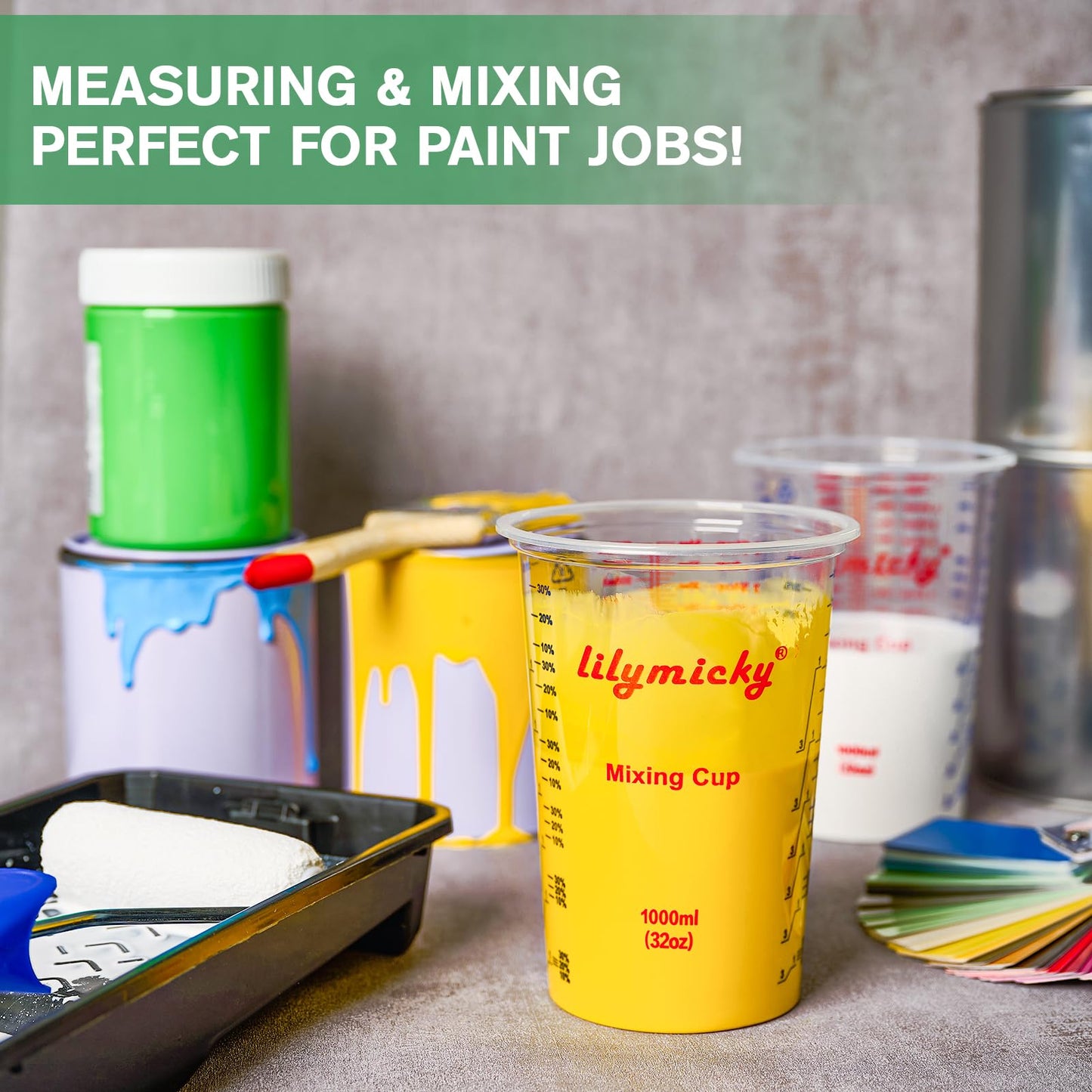25 PACK Plastic Measuring Cups, 32 oz (1000ml) Disposable Mixing Cups, Measurement ratios: 2:1, 3:1, 4:1, Perfect for Epoxy Resin, Paint Mixing, Art DIY