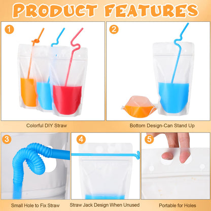 Nuenen 600 Pack Drink Pouches with 600 Straws Freezable Juice Pouches Straw Holes 17 oz Reclosable Drinking Bags for Adults for Smoothie Cold Hot Drinks Party (Classic)