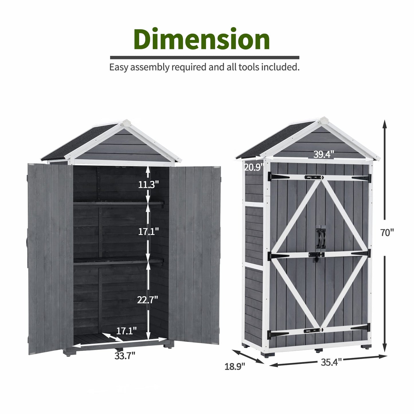 MCombo Outdoor Storage Cabinet with 2 Shelves, Outside Storage Shed with Floor, Wooden Garden Tool Shed with Latch for Yard Deck Lawn, 1000