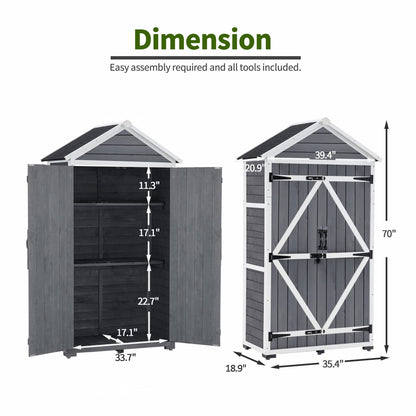 MCombo Outdoor Storage Cabinet with 2 Shelves, Outside Storage Shed with Floor, Wooden Garden Tool Shed with Latch for Yard Deck Lawn, 1000